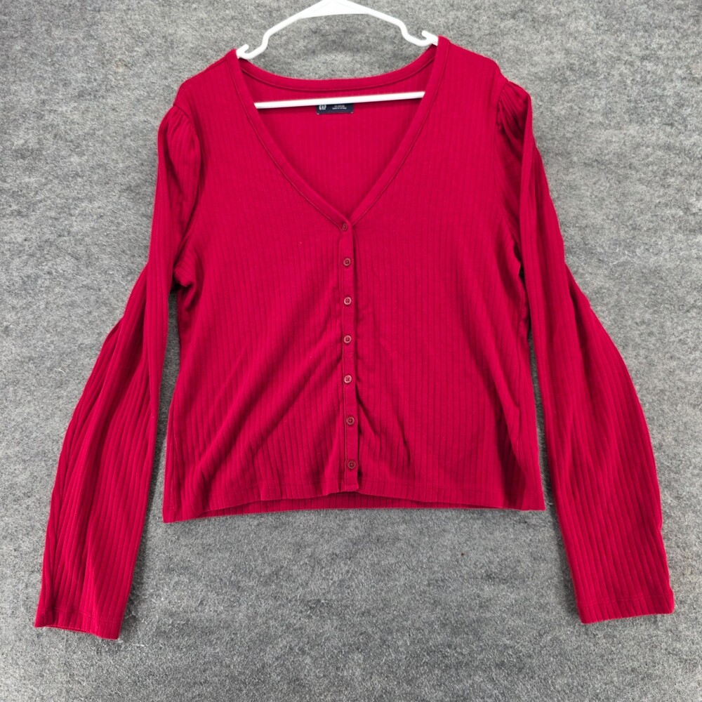 GAP Shirt Womens XL Button Up V Neck Long Sleeve Red Ribbed
